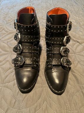 Givenchy Black Studded Multi-Buckle Ankle Boots with Orange Lining